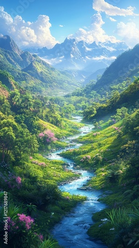 Serene river flowing through lush green valley surrounded by mountains on a s...
