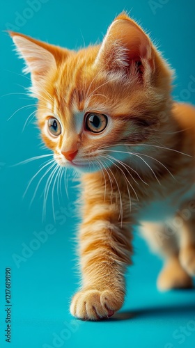 Orange kitten exploring a bright blue background with curiosity and playfulness