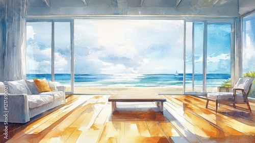 A painting of a living room with a large window overlooking the ocean