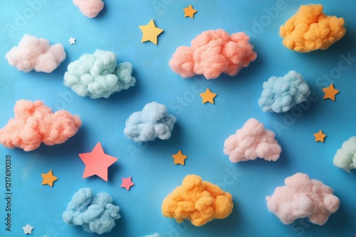 Colorful cotton clouds and stars create a whimsical child-friendly background...