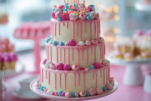 Beautiful three-tiered wedding cake decorated with pink flowers, set in an el...