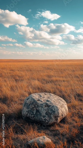 Large boulder in a golden grassland under a bright blue sky with soft clouds ...