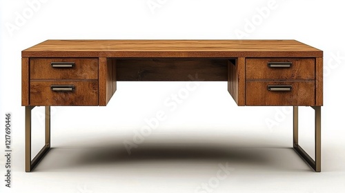 Modern wooden desk with metal legs and drawer storage for home or office work...