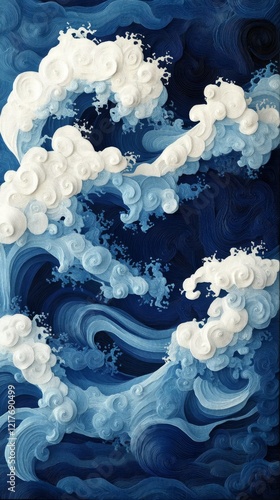 Dynamic waves in shades of blue with swirling clouds in an abstract art piece