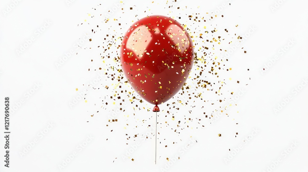 A high-resolution bright red balloon with shimmering golden confetti gently floating in the air, isolated as PNG cutout on a transparent background with precise, clean edges.