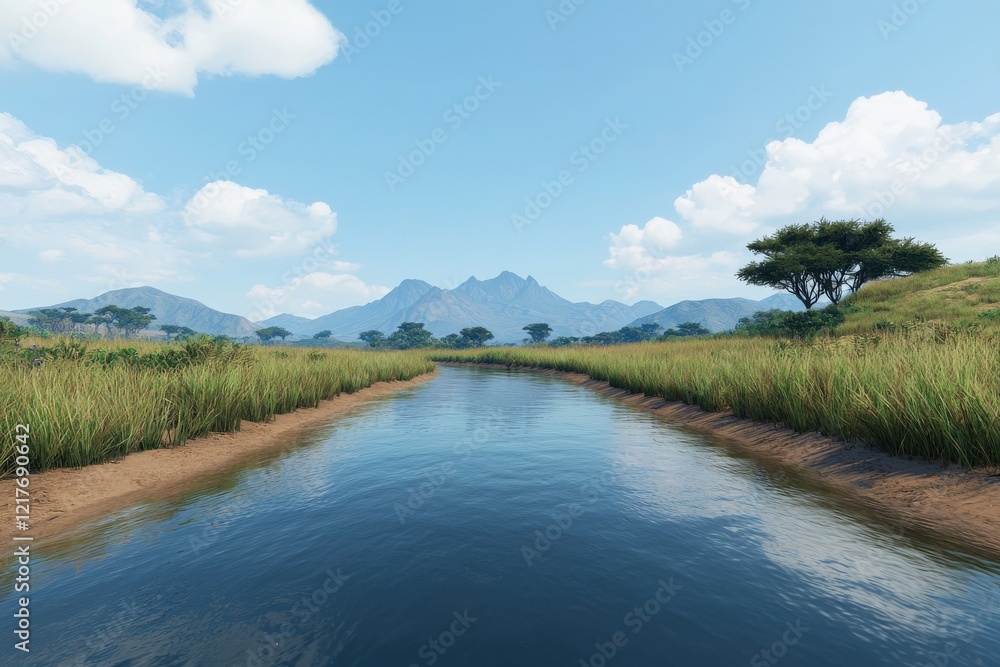 Tranquil River Flanked by Lush Green Grasslands and Majestic Mountains Tranquil River Flanked by Lush Green Grasslands and Majestic Mountains