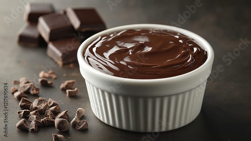 Rich chocolate dessert baked in a white ramekin on a dark marble countertop
