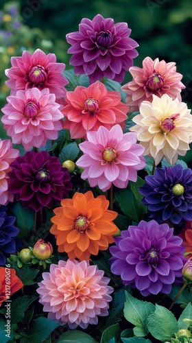 Colorful display of dahlias in various shades at a local market on a sunny day