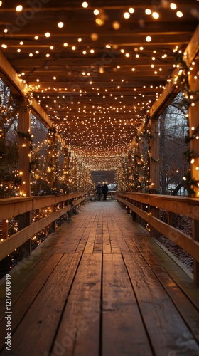 Magical wooden bridge adorned with twinkling lights on a winter night