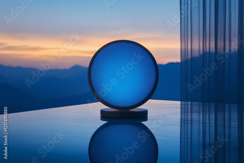 Decorative blue orb casting soft light on a reflective surface in a serene in...