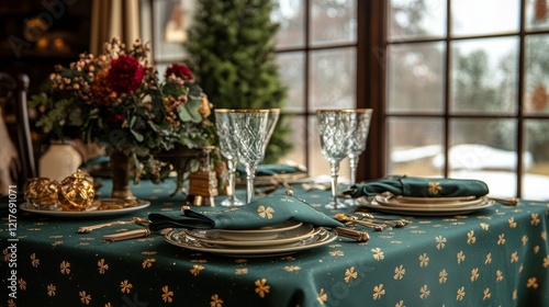 Beautiful ceramic vases with floral patterns on a green tablecloth in a cozy ...