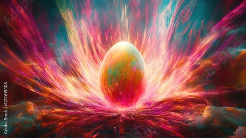 A vibrant, abstract image showcasing a large egg amidst a colorful field, celebrating the essence of Easter joy and renewal.
