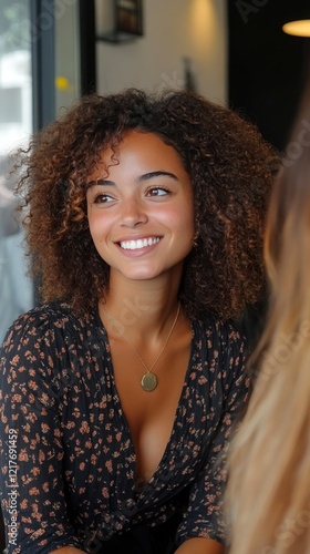 Smiling woman with curly hair and glasses engages in conversation at a social...