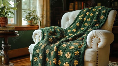 Cozy living room with a patterned throw and a vase of flowers on a side table