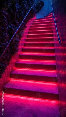 Stairway illuminated by red light inside a rocky cave with natural stone walls