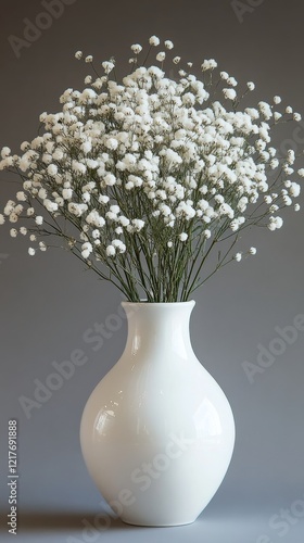 Delicate white flowers arranged in a modern white vase on a neutral background
