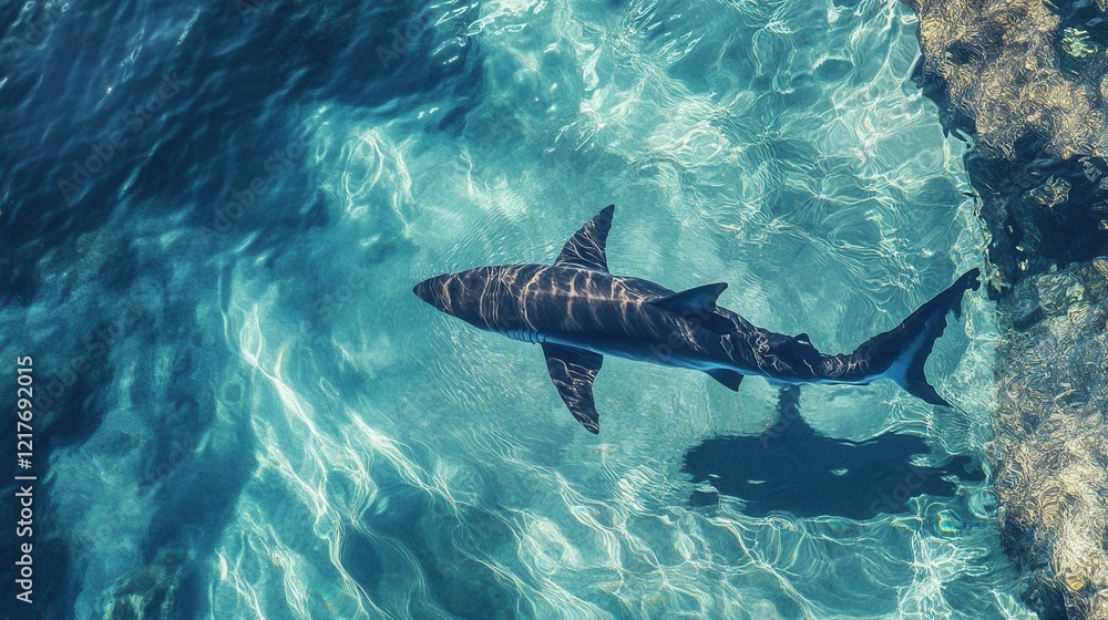 Oceanic Shark Swimming in Crystal Clear Turquoise Water Aerial View Oceanic Shark Swimming in Crystal Clear Turquoise Water Aerial View