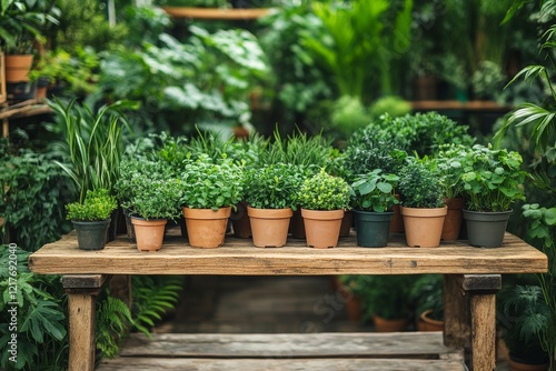 Bright green plants arranged neatly on a wooden shelf in indoor garden setting