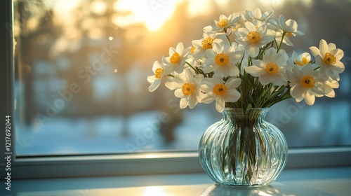 Elegant pink blossoms in a clear vase capturing sunlight in a serene indoor s...