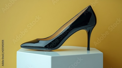 Elegant black high heel shoe displayed on a white pedestal against a textured...