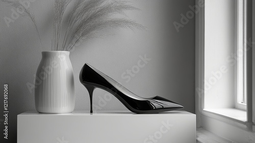Elegant black high heel shoe on a minimalist pedestal against a gray backdrop