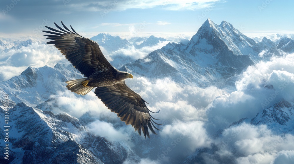 Fototapeta premium Majestic Eagle Soaring Above Snowy Mountain Peaks Dramatic Cloudscape