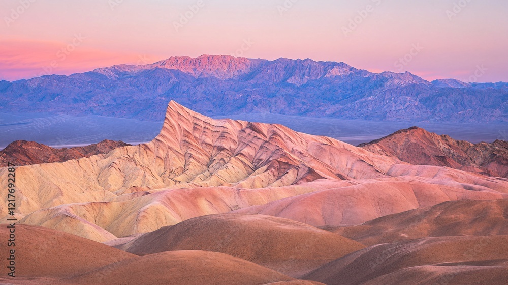 Naklejka premium Pastel-Colored Layered Mountains with Gentle Ridges and a Soft Sunset Glow