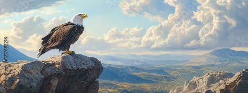 Majestic Bald Eagle perched on a rocky peak overlooking a vast mountain valley landscape under a