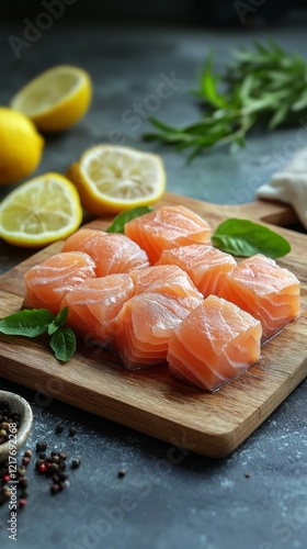 Freshly cut salmon fillets arranged on a wooden board garnished with herbs an...