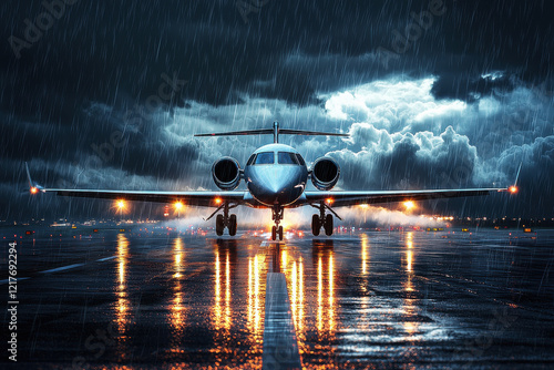 Powerful jet lands during thunderstorm with heavy rain and glowing runway lights photo