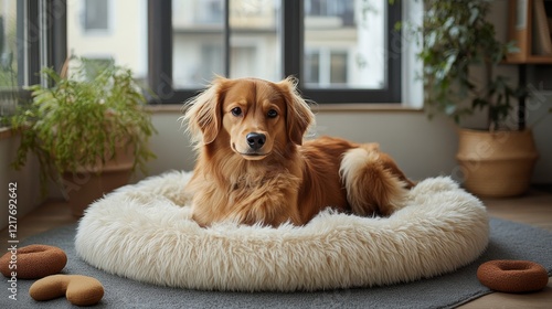 Relaxed golden retriever resting in cozy bed by large window in modern living...