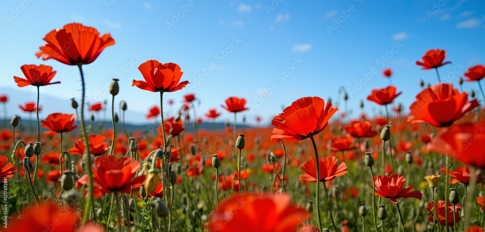 Fototapeta premium Bright red poppy flowers sway gently in a lush green field under a clear blue sky. The scene captures the essence of spring in full bloom, radiating beauty and tranquility