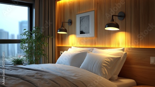 Cozy bedroom with modern decor and soft lighting near city skyline at dusk