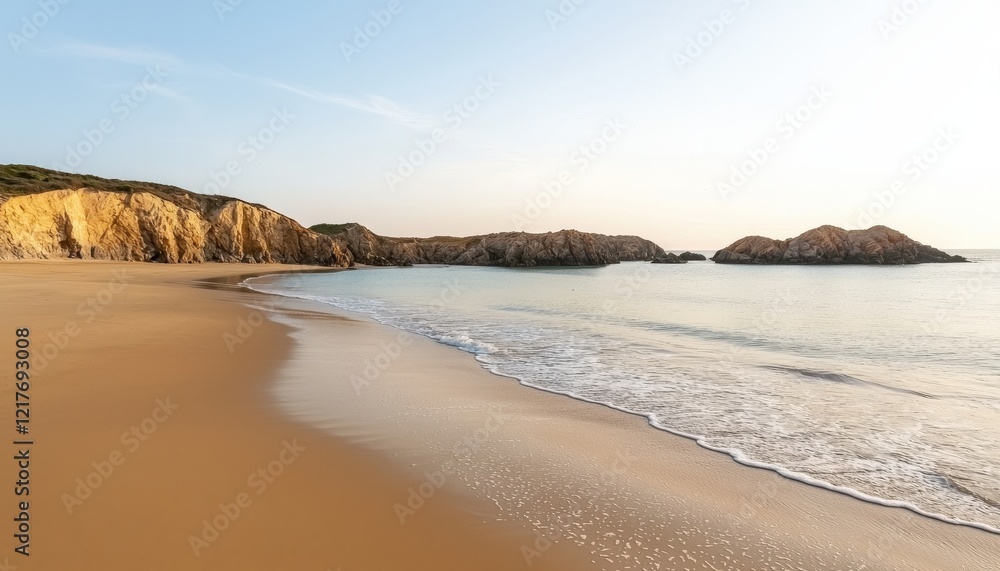 Tranquil Beach Scene with Gentle Waves and Rocky Outcrops at Sunset Tranquil Beach Scene with Gentle Waves and Rocky Outcrops at Sunset