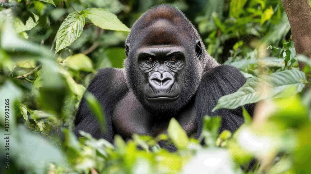 Majestic Mountain Gorilla in Lush African Rainforest Habitat Majestic Mountain Gorilla in Lush African Rainforest Habitat