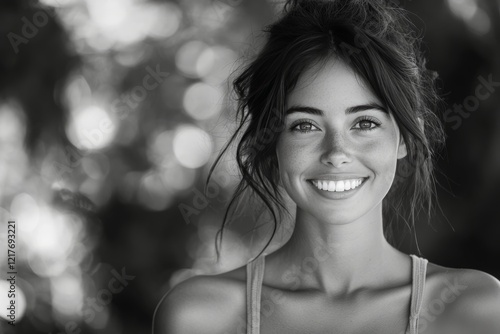 Smiling young woman with natural beauty enjoying a sunny day outdoors in a se...