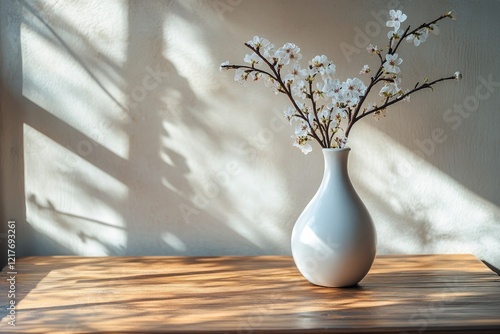 Elegant white vase with cherry blossom branches on wooden table in soft sunlight