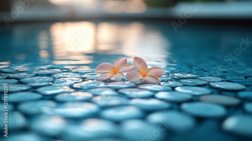 Relaxing ambiance created by floating flowers in a tranquil pool during sunset