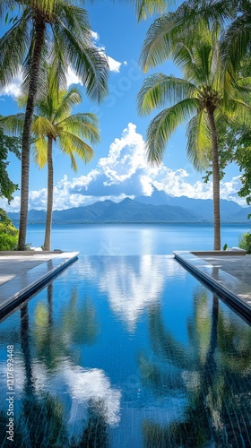 Tranquil poolside view with palm trees against a serene mountain backdrop dur...