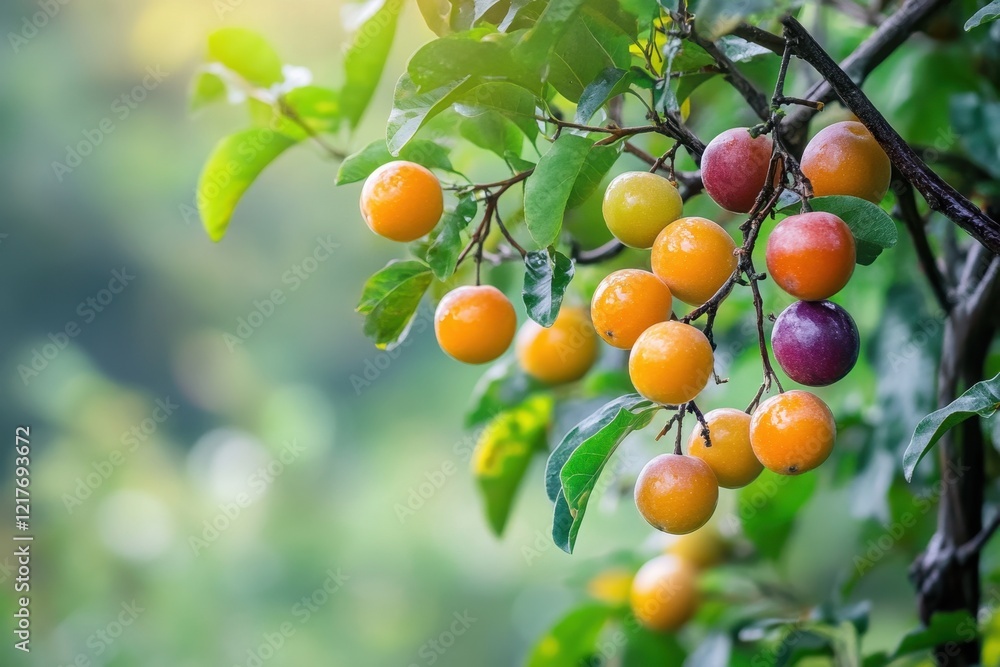 Organic fruit farm showcasing lush trees and vibrant fruits for juice production in a serene rural landscape Organic fruit farm showcasing lush trees and vibrant fruits for juice production in a serene rural landscape