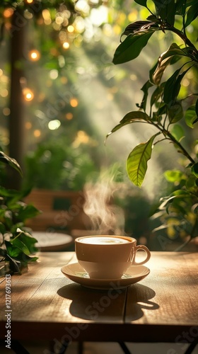 Hot coffee cup resting on a wooden table surrounded by greenery in a cozy caf...