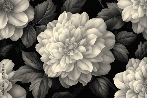 Vibrant floral pattern with orange, white, and gold blooms on a dark backgrou...