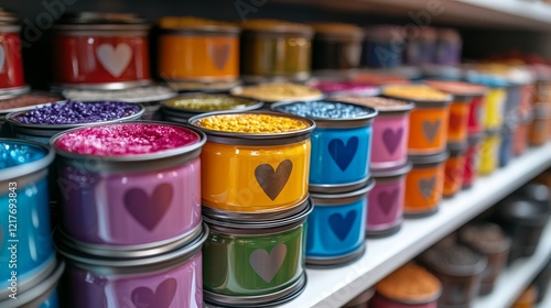 Colorful jars of craft supplies arranged on a shelf in a creative workspace