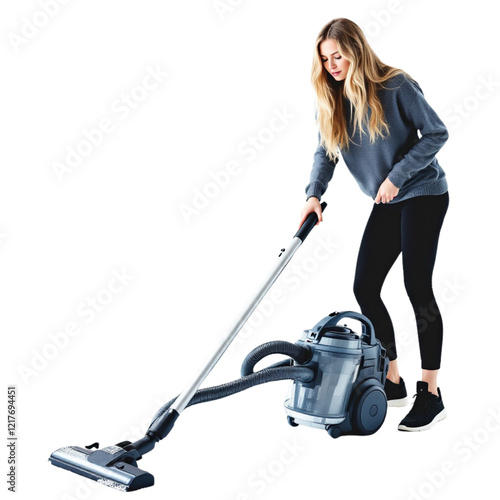 woman with vacuum cleaner on Isolated transparent background png. generated with AI