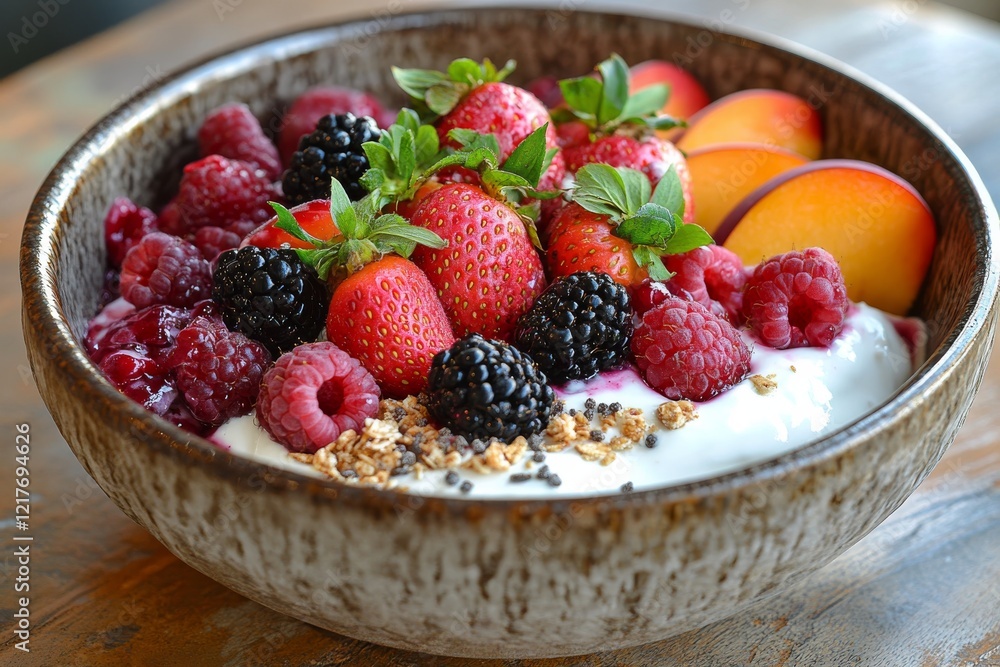 Delicious yogurt bowl topped with fresh berries and granola on wooden table in bright kitchen Delicious yogurt bowl topped with fresh berries and granola on wooden table in bright kitchen
