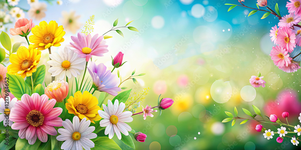 A vibrant garden showcases blooming flowers in bright yellows, pinks, and whites, radiating beauty under gentle sunlight amidst a lush green background A vibrant garden showcases blooming flowers in bright yellows, pinks, and whites, radiating beauty under gentle sunlight amidst a lush green background