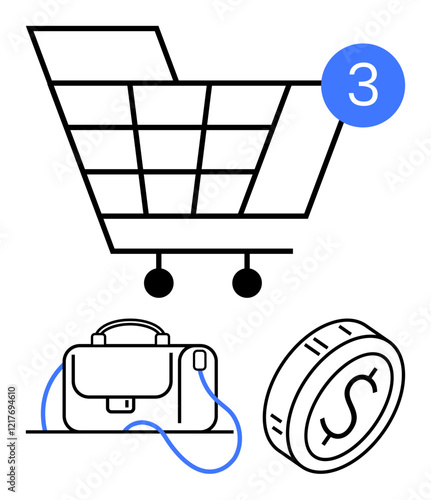 Shopping cart with 3 notification, briefcase for professional work, and coin signifying financial context. Ideal for e-commerce, business growth, profitability, retail, transactions, career abstract