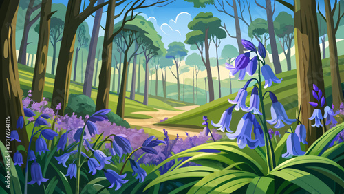 Bluebells (Hyacinthoides non-scripta) growing in a woodland field, Minterne Magna, Dorset, England, UK