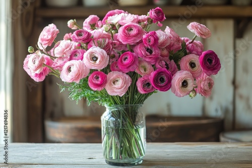 Wallpaper Mural Bright and colorful ranunculus flowers arranged in a glass vase on a rustic wooden table Torontodigital.ca