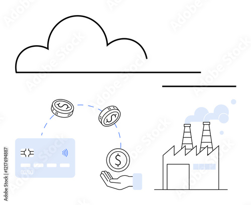 Cloud computing with industrial factory, coins, credit card, and hand exchanging money. Ideal for fintech, cloud computing, digital transactions, financial management, industrial automation economic